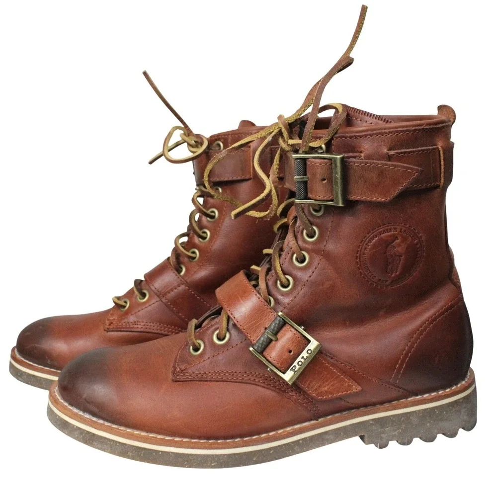 Polo Ralph Lauren Maurice Leather Harness Boots Mens 9D Brown Lace Up Moto